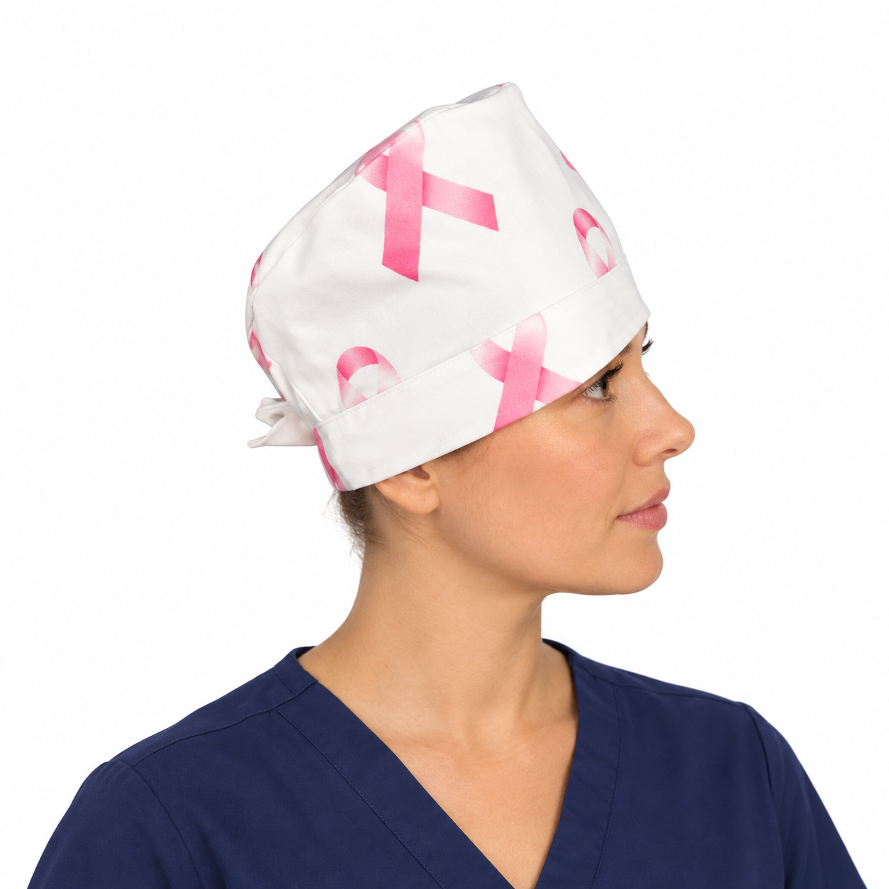 Calot médical bloc opératoire en tissu exclusif – Motif Ruban Rose (Cancer du sein)