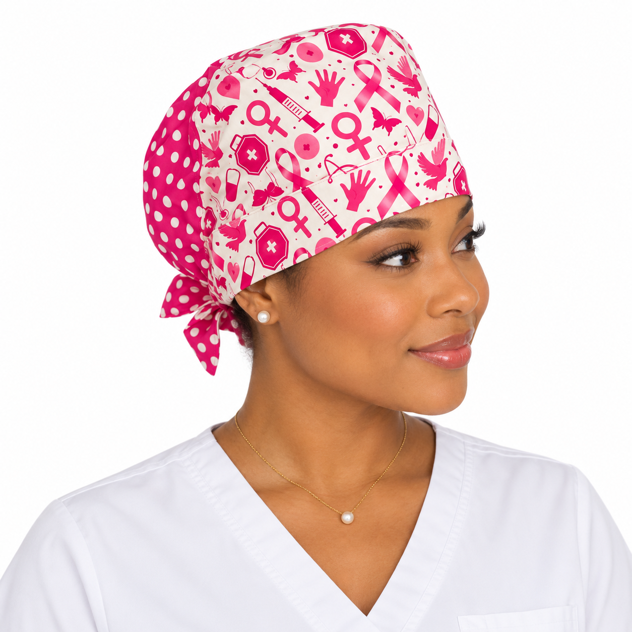 Calot médical bloc opératoire en coton – Motif Ruban Rose Cancer du sein