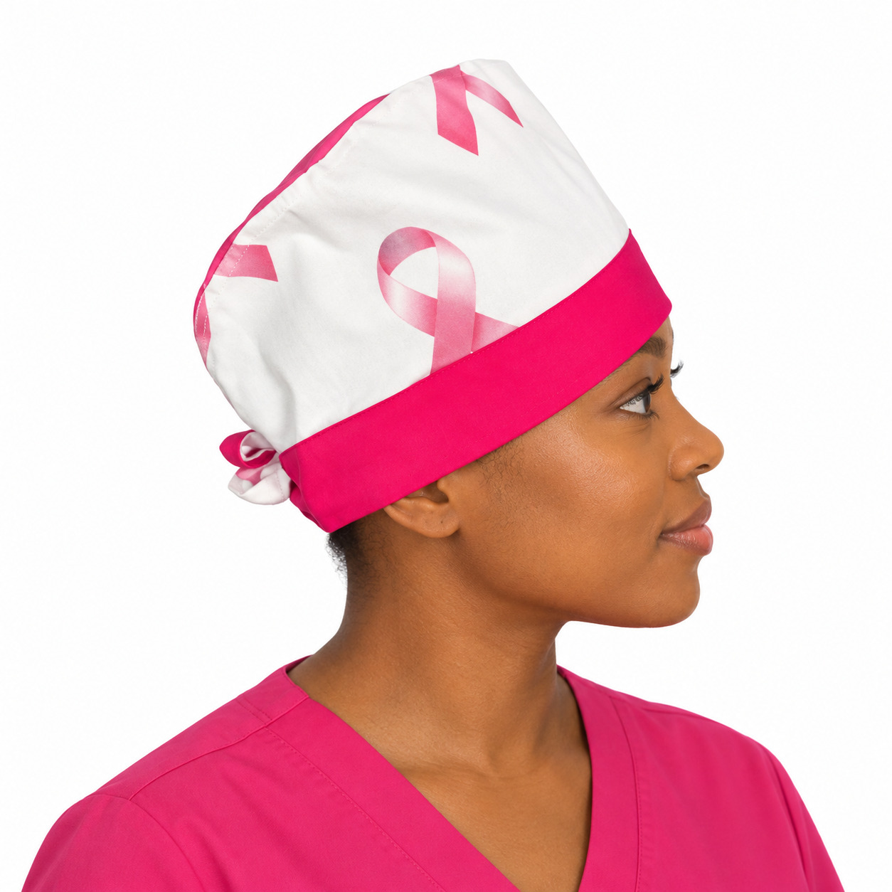 Calot médical bloc opératoire en tissu exclusif – Motif Ruban Rose (Cancer du sein)